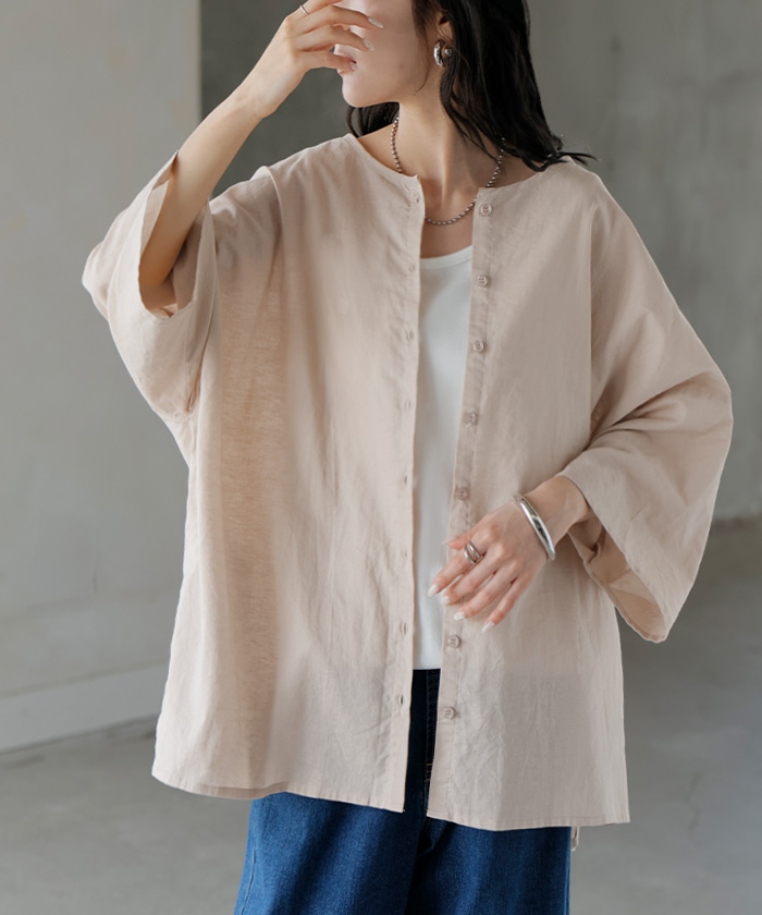 シャツ ブラウス 前後2WAY 綿 麻 レディース トップス ロング マルチウェイ ロングシャツ チュニック ノーカラー リネン コットン 透け | HUG.U | 04