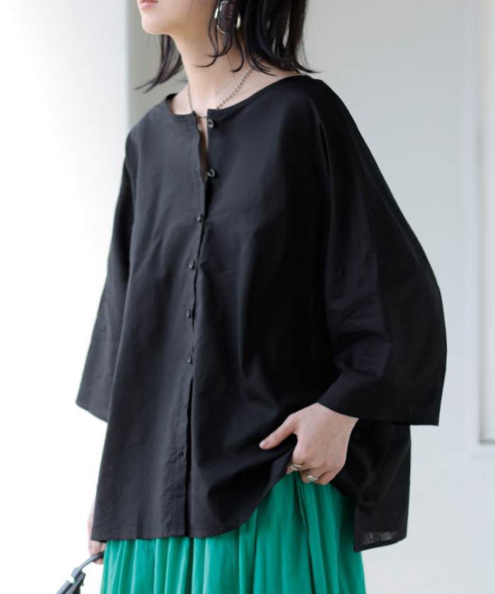 シャツ ブラウス 前後2WAY 綿 麻 レディース トップス ロング マルチウェイ ロングシャツ チュニック ノーカラー リネン コットン 透け | HUG.U | 05