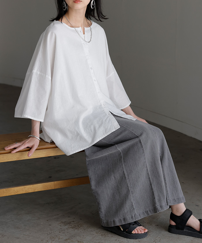 シャツ ブラウス 前後2WAY 綿 麻 レディース トップス ロング マルチウェイ ロングシャツ チュニック ノーカラー リネン コットン 透け | HUG.U | 01