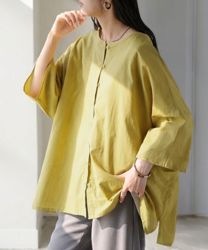シャツ ブラウス 前後2WAY 綿 麻 レディース トップス ロング マルチウェイ ロングシャツ チュニック ノーカラー リネン コットン 透け | HUG.U | 02