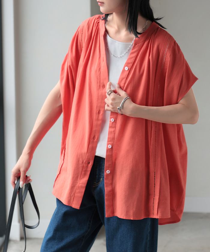 シャツ レース スキッパー レディース トップス ロング ブラウス カットソー チュニック ロングシャツ Tシャツ フレンチスリーブ Vネック | HUG.U | 03