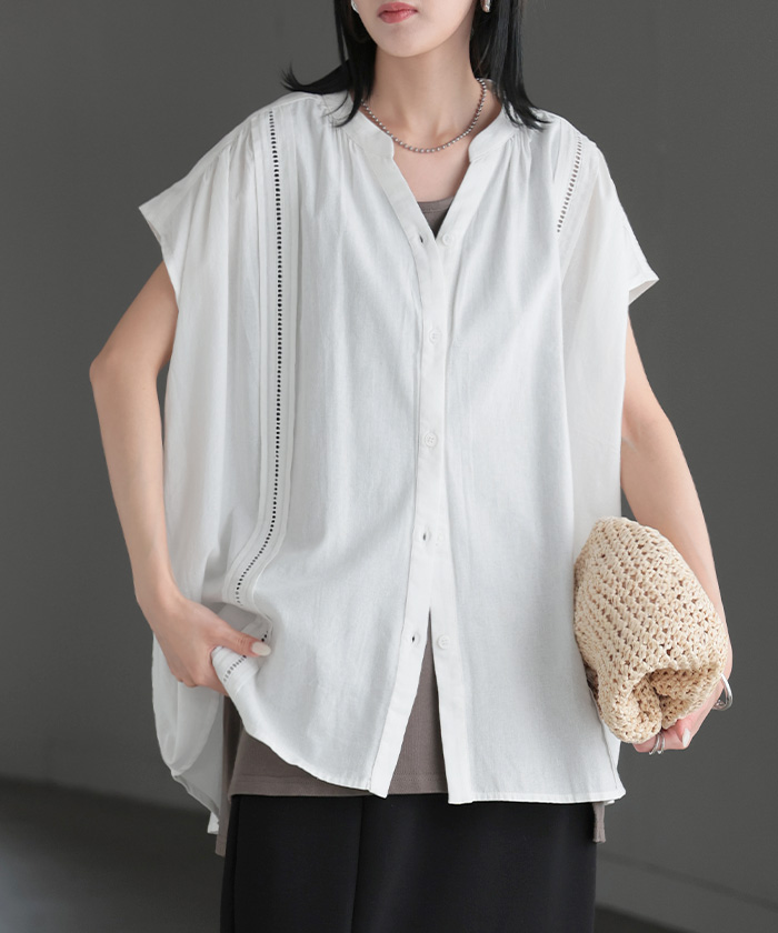 シャツ レース スキッパー レディース トップス ロング ブラウス カットソー チュニック ロングシャツ Tシャツ フレンチスリーブ Vネック | HUG.U | 01