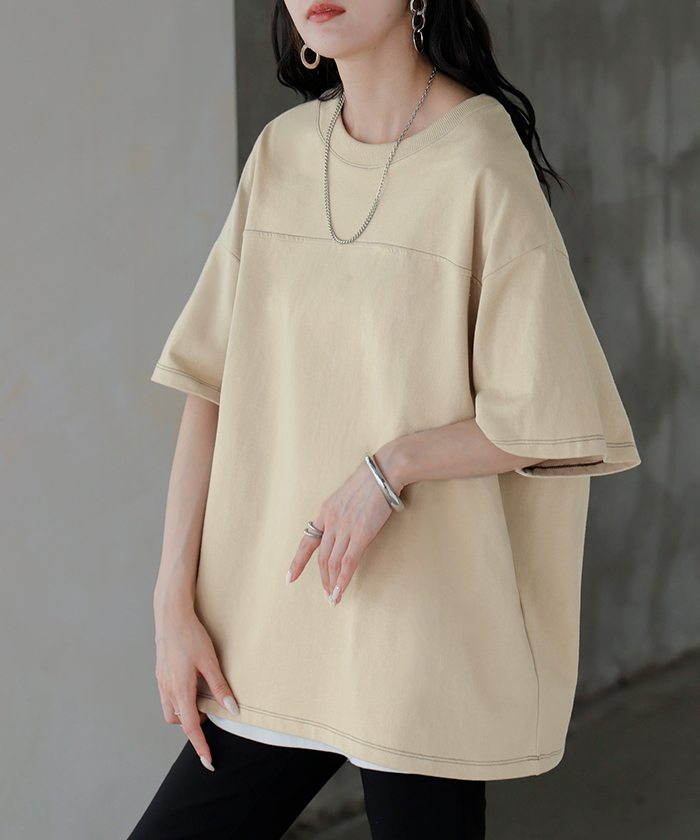 Tシャツ フットボール オーバーサイズ レディース トップス ロング ステッチ カットソー ティーシャツ チュニック ビッグ ユニセックス | HUG.U | 02