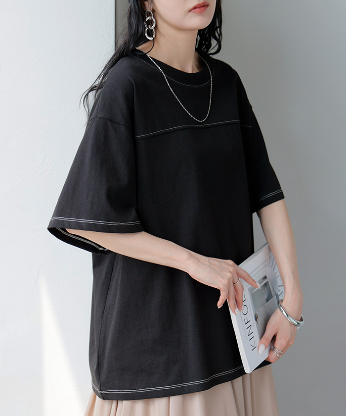 Tシャツ フットボール オーバーサイズ レディース トップス ロング ステッチ カットソー ティーシャツ チュニック ビッグ ユニセックス | HUG.U | 05