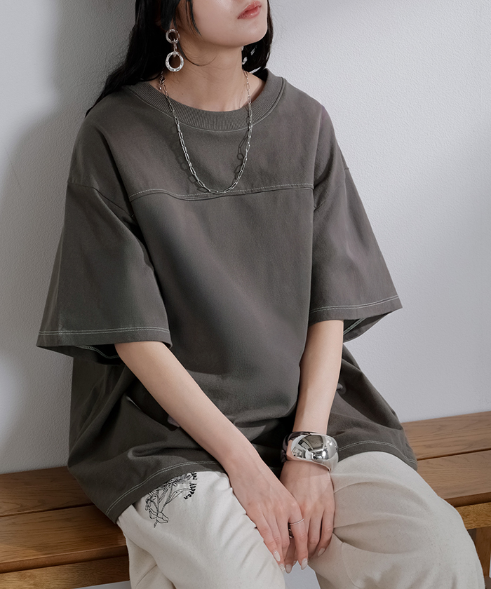 Tシャツ フットボール オーバーサイズ レディース トップス ロング ステッチ カットソー ティーシャツ チュニック ビッグ ユニセックス | HUG.U | 04