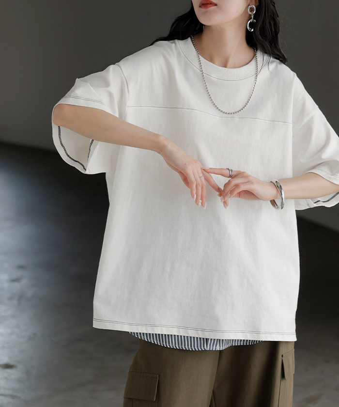 Tシャツ フットボール オーバーサイズ レディース トップス ロング ステッチ カットソー ティーシャツ チュニック ビッグ ユニセックス | HUG.U | 01