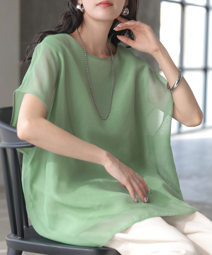 Tシャツ シアー レディース トップス ブラウス シャツ タンクトップ 一体型 接触冷感 シースルー チュニック カットソー ティーシャツ | HUG.U | 03