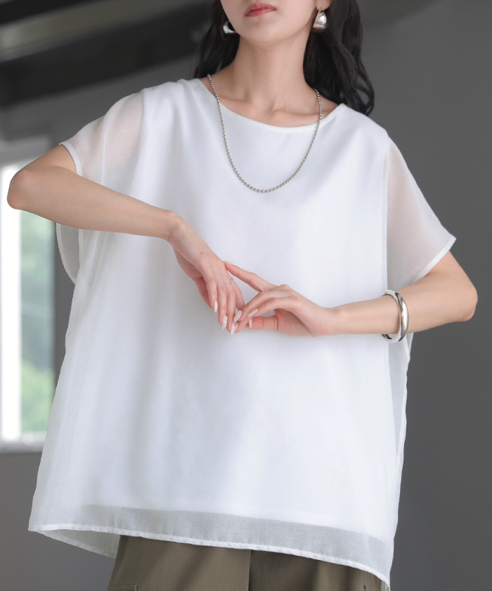 Tシャツ シアー レディース トップス ブラウス シャツ タンクトップ 一体型 接触冷感 シースルー チュニック カットソー ティーシャツ | HUG.U | 01