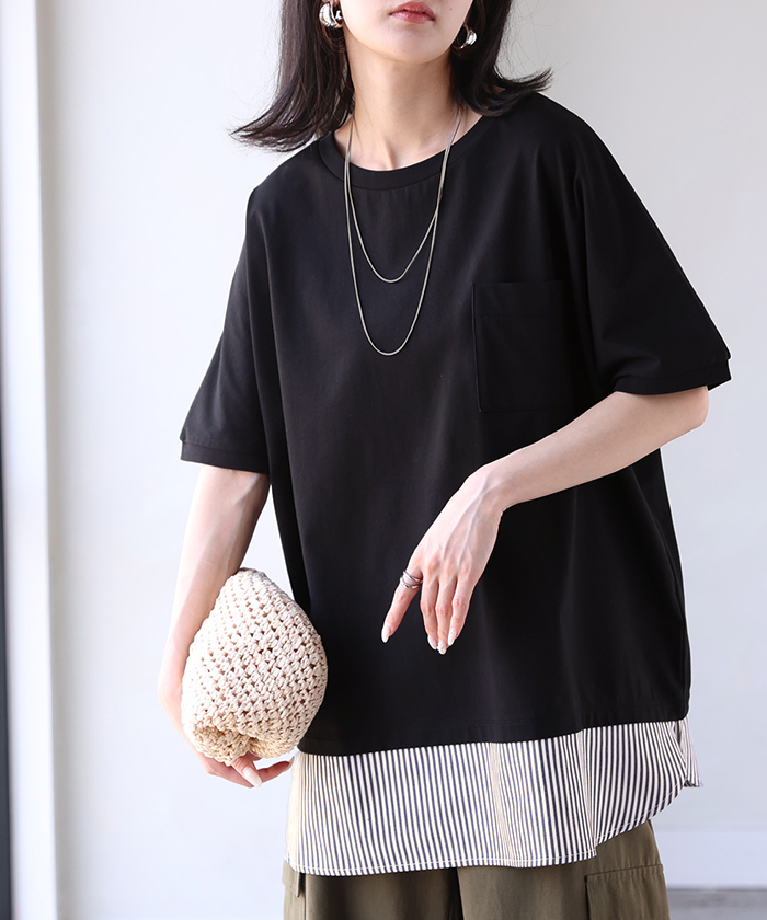 Tシャツ 重ね着風 接触冷感 UVカット 抗菌加工 レディース トップス ロング カットソー ティーシャツ チュニック ストライプ クルーネック レイヤード ポケット | HUG.U | 03