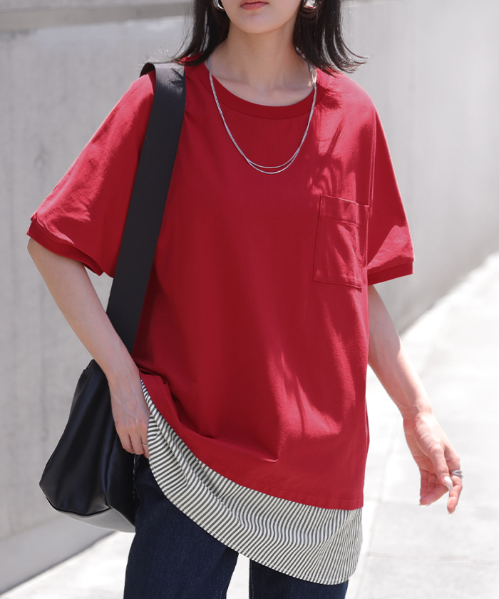 Tシャツ 重ね着風 接触冷感 UVカット 抗菌加工 レディース トップス ロング カットソー ティーシャツ チュニック ストライプ クルーネック レイヤード ポケット | HUG.U | 02
