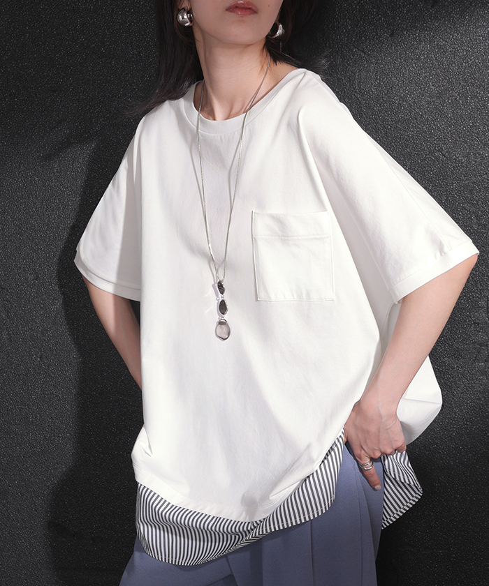 Tシャツ 重ね着風 接触冷感 UVカット 抗菌加工 レディース トップス ロング カットソー ティーシャツ チュニック ストライプ クルーネック レイヤード ポケット | HUG.U | 01