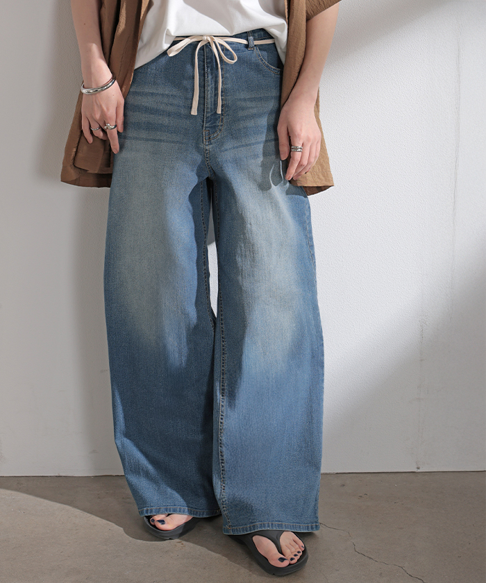 パンツ デニム ストレッチ レディース デニムパンツ ロング ジーンズ ジーパン 薄手 ボトムス ボトム ストレート ズボン ハイウエスト | HUG.U | 02