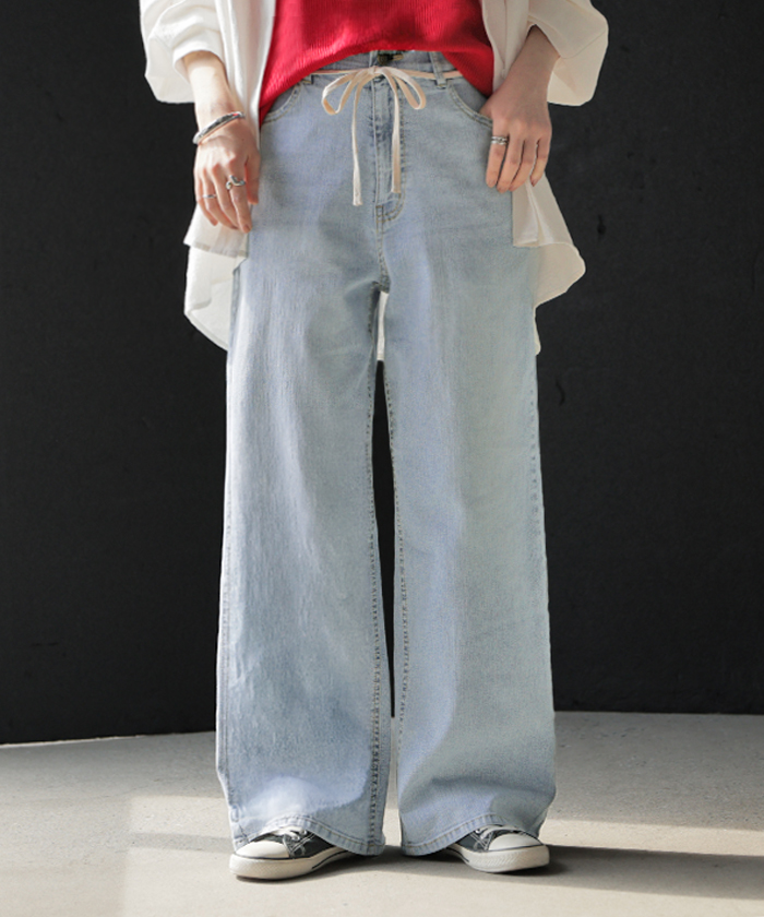 パンツ デニム ストレッチ レディース デニムパンツ ロング ジーンズ ジーパン 薄手 ボトムス ボトム ストレート ズボン ハイウエスト | HUG.U | 01