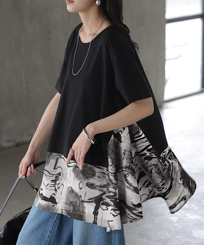 Tシャツ 重ね着風 異素材MIX トップス ブラウス ロング カットソー ドッキング チュニック フレア ビッグ スカーフ 柄 ニュアンス アシンメトリー | HUG.U | 02