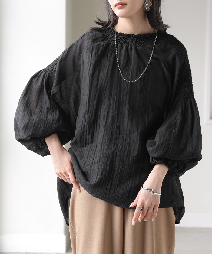 ブラウス シアー シャーリング レディース トップス シャツ ロング チュニック ロングシャツ シースルー ゴム ギャザー ぽわん袖 ボリューム 透け感 長袖 無地 | HUG.U | 03
