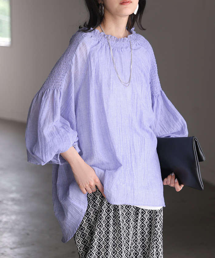 ブラウス シアー シャーリング レディース トップス シャツ ロング チュニック ロングシャツ シースルー ゴム ギャザー ぽわん袖 ボリューム 透け感 長袖 無地 | HUG.U | 02