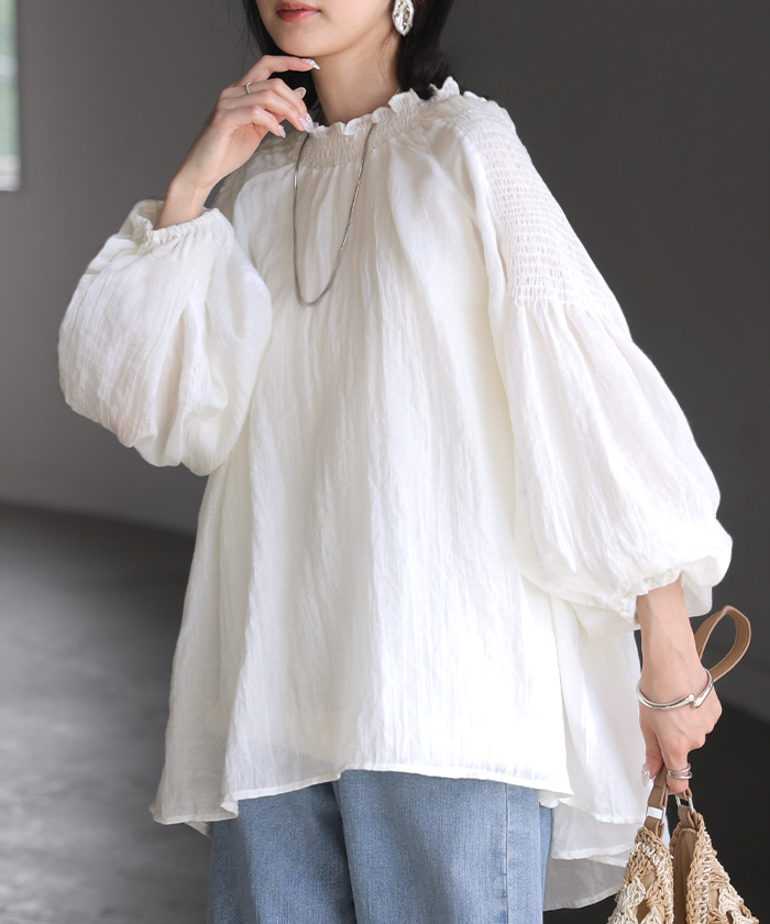 ブラウス シアー シャーリング レディース トップス シャツ ロング チュニック ロングシャツ シースルー ゴム ギャザー ぽわん袖 ボリューム 透け感 長袖 無地 | HUG.U | 01