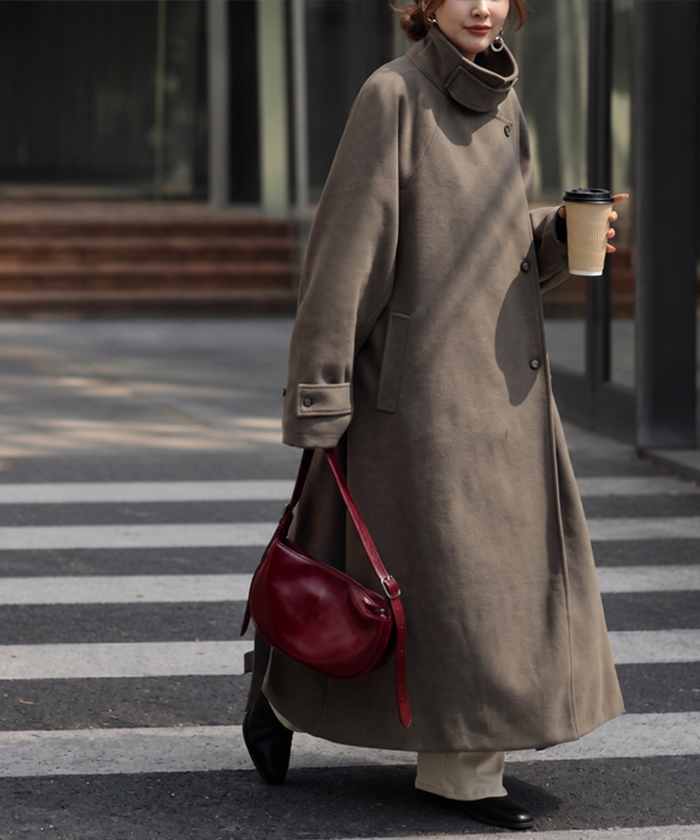 コート レディース ロングコート 2WAY スタンドカラー チェスターコート アウター フェイクウール ウール ライク 微起毛 ベルト付き | HUG.U | 01