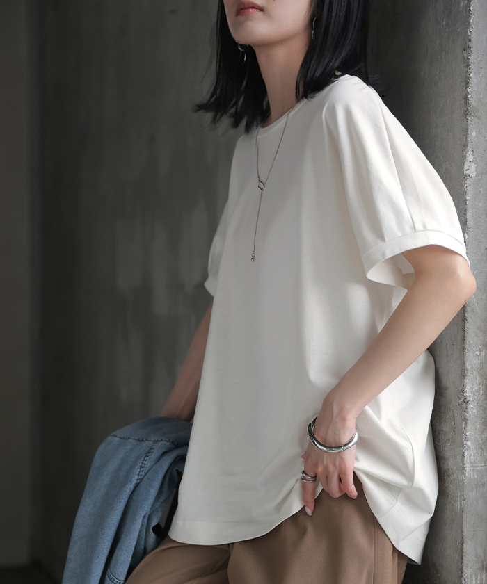 Tシャツ 汗ジミ軽減 綿100 レディース トップス ロング ティーシャツ チュニック プルオーバー オーバー ビッグ クルーネック コットン | HUG.U | 01