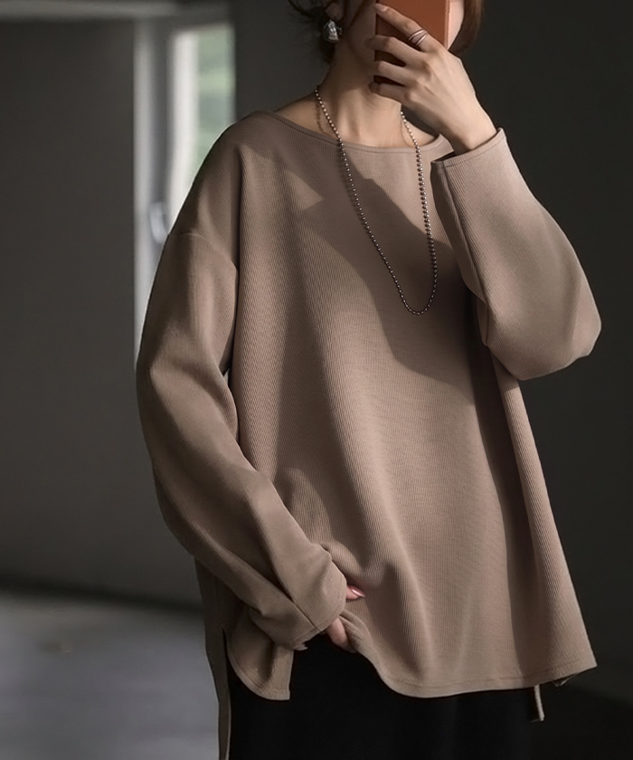 ロンT リップル トップス レディース 長袖 Tシャツ ロング カットソー チュニック 凹凸 無地 チュニック シワになりにくい ドロップショルダー | HUG.U | 03