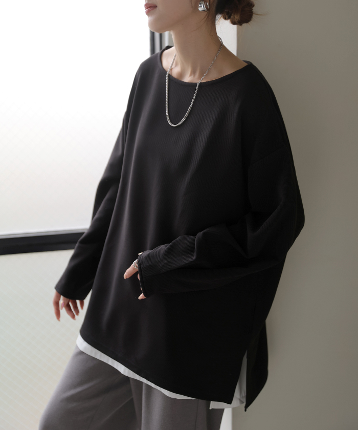 ロンT リップル トップス レディース 長袖 Tシャツ ロング カットソー チュニック 凹凸 無地 チュニック シワになりにくい ドロップショルダー | HUG.U | 05
