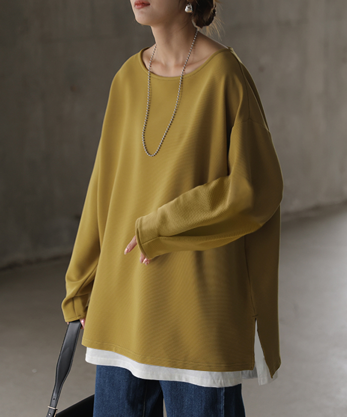 ロンT リップル トップス レディース 長袖 Tシャツ ロング カットソー チュニック 凹凸 無地 チュニック シワになりにくい ドロップショルダー | HUG.U | 04