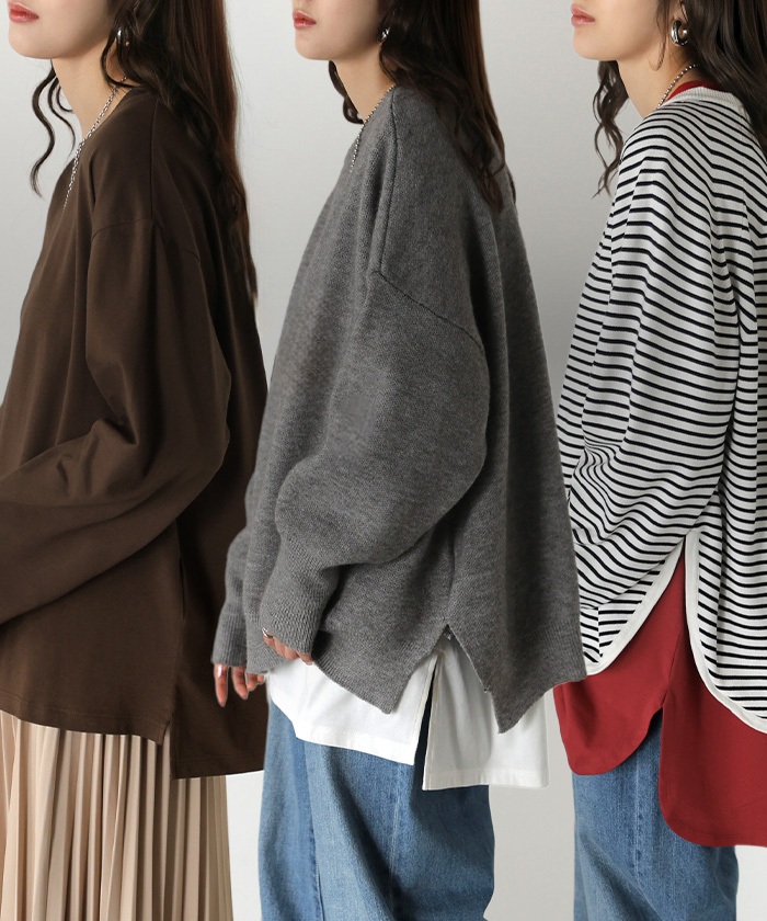 カットソー ロンT 選べる3タイプ ボックス裾 短め裾 ラウンド裾 レイヤード レディース トップス 長袖 Tシャツ ロング ティーシャツ | HUG.U | 04