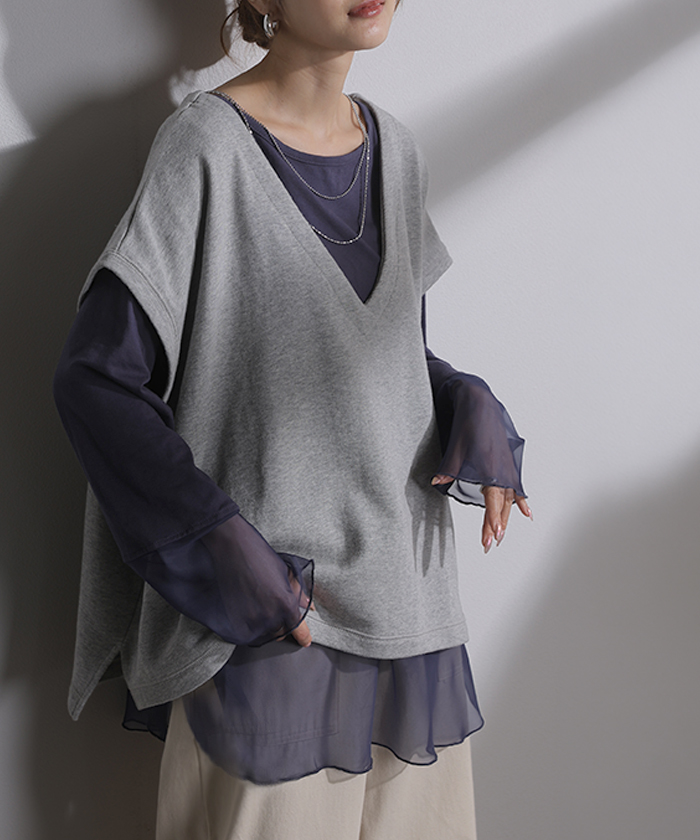 インナー シアー レイヤード ロンT レディース トップス ロング Tシャツ カットソー プルオーバー 重ね着 透け オーガンジー チュニック | HUG.U | 02