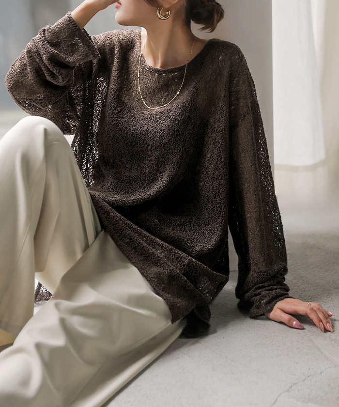 カットソー ロンT シアー トップス レイヤード インナー レディース 長袖 Tシャツ カーリーレース ロング ティーシャツ シアーインナー | HUG.U | 02