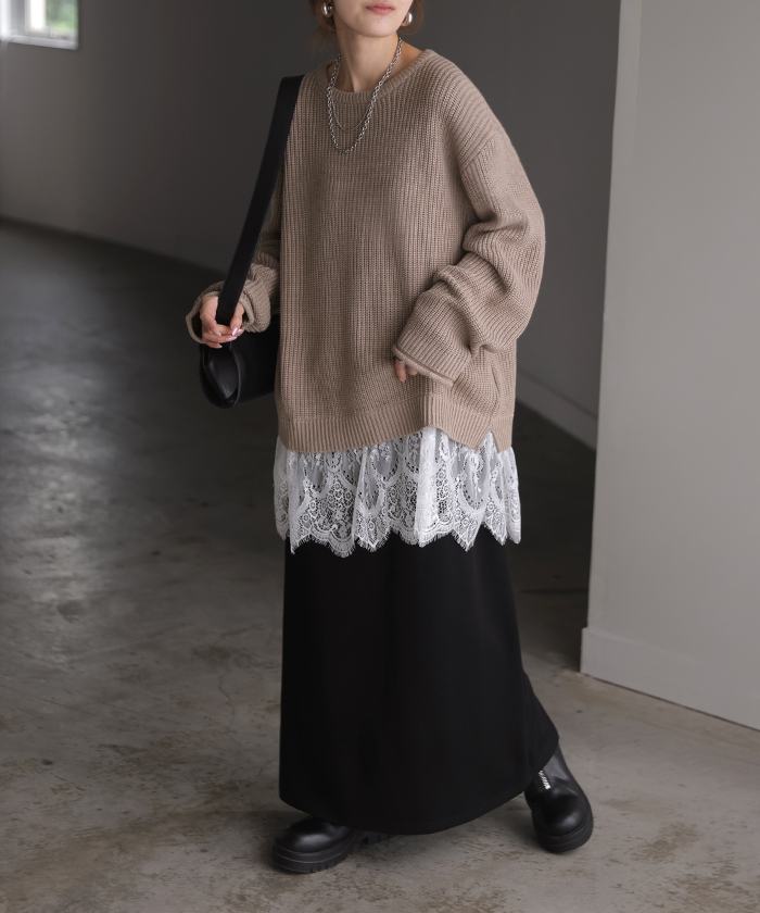 ニット レース レイヤード トップス レディース セーター プルオーバー チュニック 長め ロング ドロップショルダー お尻が隠れる 体型カバー | HUG.U | 01