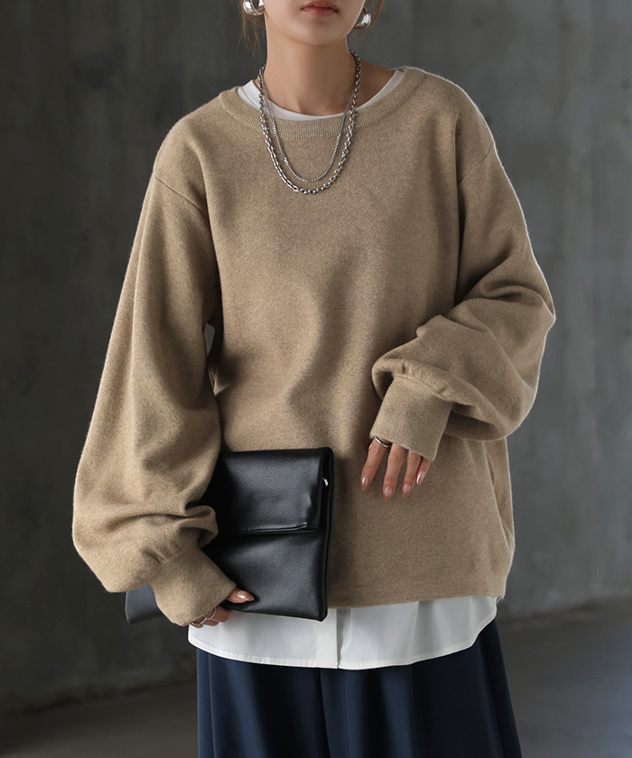 ニット セーター ミラノニット レディース トップス プルオーバー ロング チュニック クルーネック Vネック レイヤード ボリュームスリーブ | HUG.U | 02
