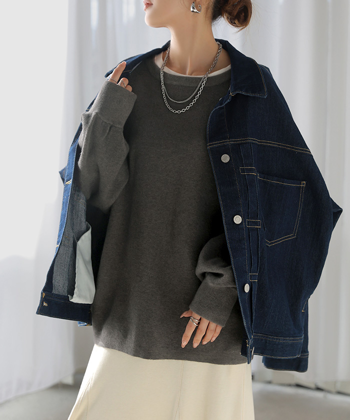 ニット セーター ミラノニット レディース トップス プルオーバー ロング チュニック クルーネック Vネック レイヤード ボリュームスリーブ | HUG.U | 09