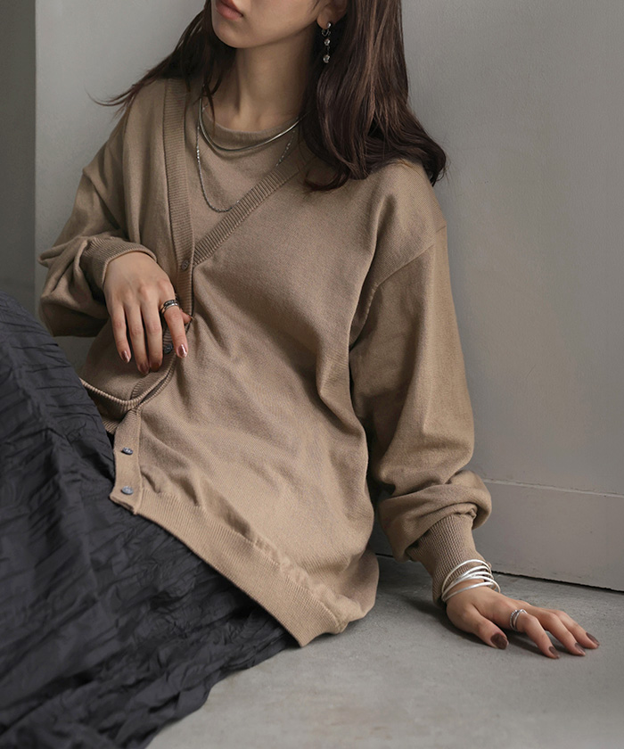 ニット Tシャツ アンサンブル レディース トップス 2点セット ニットT Vネック カーディガン 長袖 半袖 クルーネック ゆったり ロング | HUG.U | 01