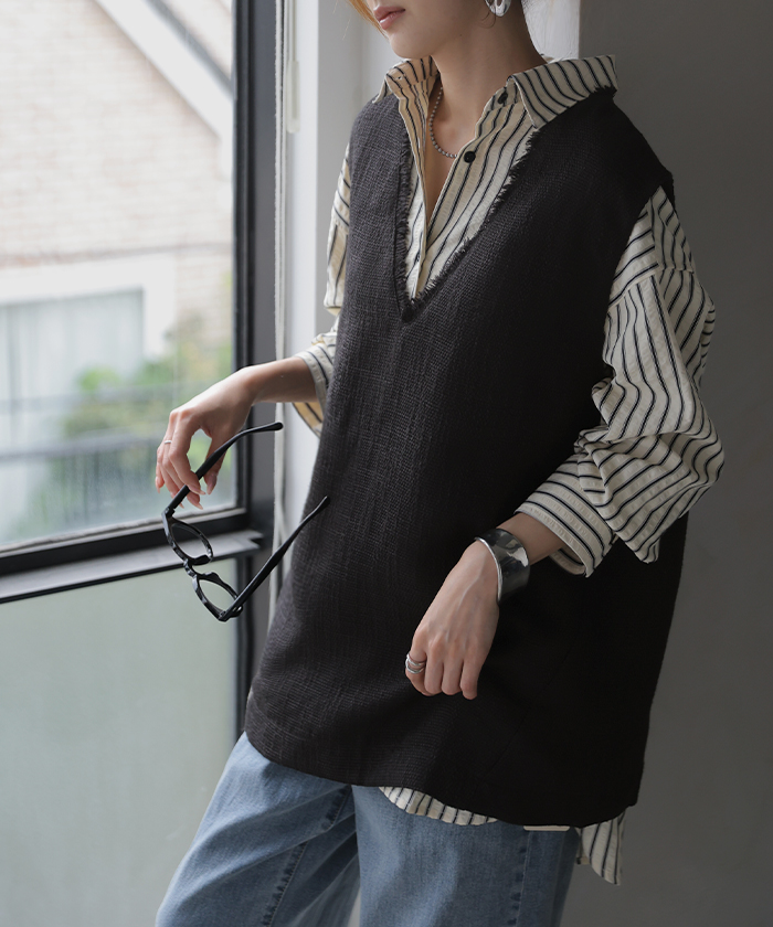 ベスト ジレ ツイード レディース トップス Vネック 深Vネック フリンジ 重ね着 レイヤード チュニック ロング プルオーバー 薄手 裏地 | HUG.U | 02