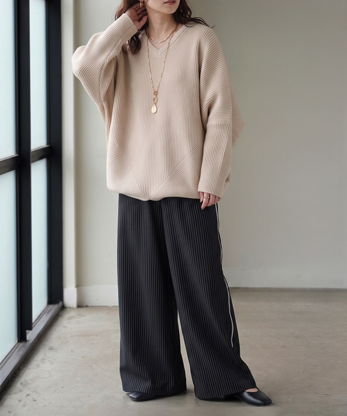 パンツ サイドライン ストライプ レディース ロング ワイドパンツ ロングパンツ ラインパンツ ボトムス ボトム ストレート ズボン ハイウエスト | HUG.U | 02