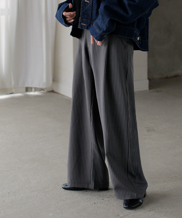 パンツ ワイド ストライプ タックパンツ レディース ロング タック ワイドパンツ ロングパンツ 柄 ボトムス ボトム ストレート ズボン ハイウエスト | HUG.U | 03