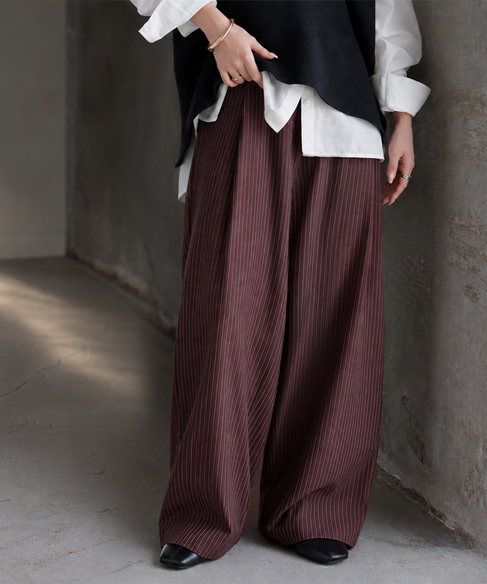 パンツ ワイド ストライプ タックパンツ レディース ロング タック ワイドパンツ ロングパンツ 柄 ボトムス ボトム ストレート ズボン ハイウエスト | HUG.U | 01