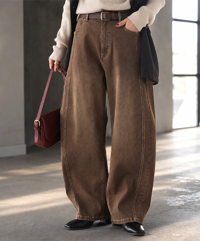デニム バレルパンツ ストレッチ レディース パンツ ロング ワイド デニムパンツ バレルレッグ カーブパンツ ジーンズ ジーパン ハイウエスト ウエストゴム | HUG.U | 01