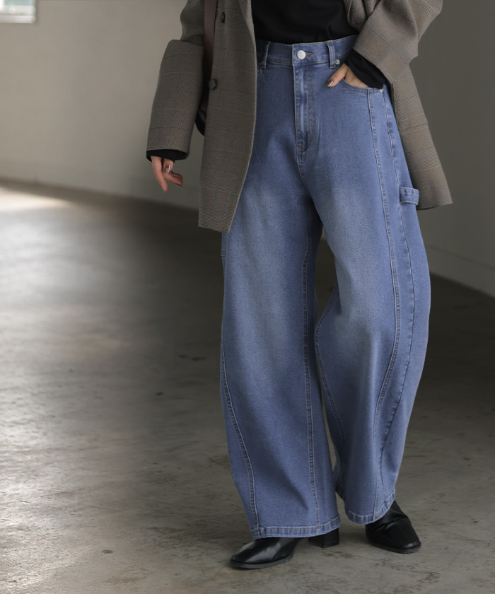 デニム バレルパンツ ストレッチ レディース パンツ ロング ワイド デニムパンツ バレルレッグ カーブパンツ ジーンズ ジーパン ハイウエスト ウエストゴム | HUG.U | 02