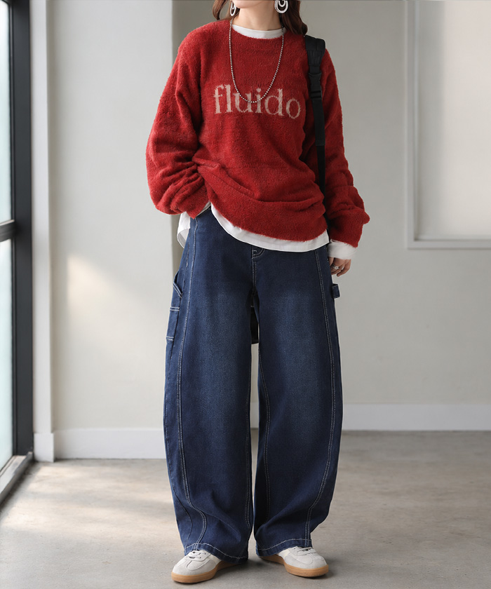 デニム バレルパンツ ストレッチ レディース パンツ ロング ワイド デニムパンツ バレルレッグ カーブパンツ ジーンズ ジーパン ハイウエスト ウエストゴム | HUG.U | 03
