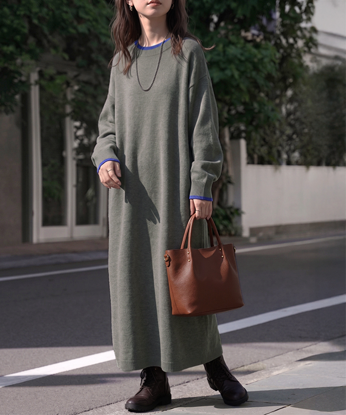 ワンピース ロング ニット 配色 レディース ワンピ セーター ニットワンピース ロングワンピース マキシ タイト ナロー クルーネック チクチクしない | HUG.U | 02