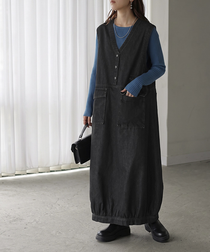 ワンピース ロング デニム ジャンスカ レディース スカート サロペット ジャンパースカート ロングワンピース デニムワンピース オーバーオール | HUG.U | 02