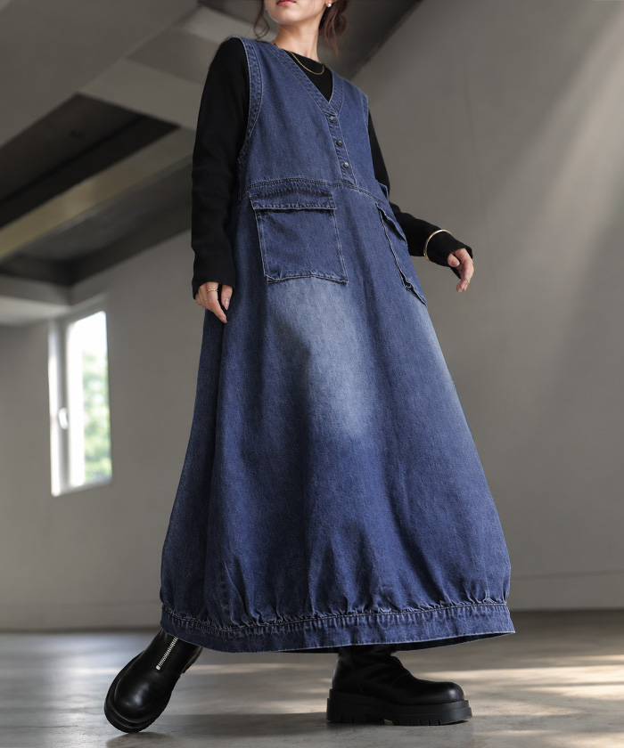 ワンピース ロング デニム ジャンスカ レディース スカート サロペット ジャンパースカート ロングワンピース デニムワンピース オーバーオール | HUG.U | 01