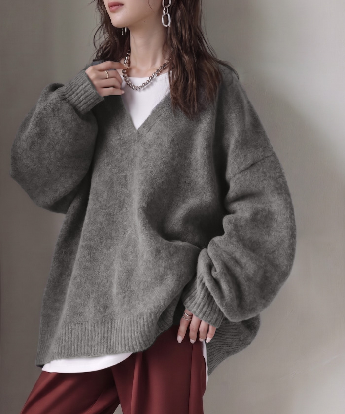 ニット 深V レイヤード ゆったり レディース トップス ロング セーター プルオーバー オーバーサイズ Vネック リブ ボリュームスリーブ | HUG.U | 05