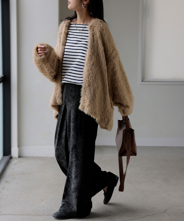 パンツ シェニール ワイド ベロア 風 レディース ワイドパンツ ロング ロングパンツ ボトムス ストレート ウエストゴム ストレッチ イージーパンツ | HUG.U | 04