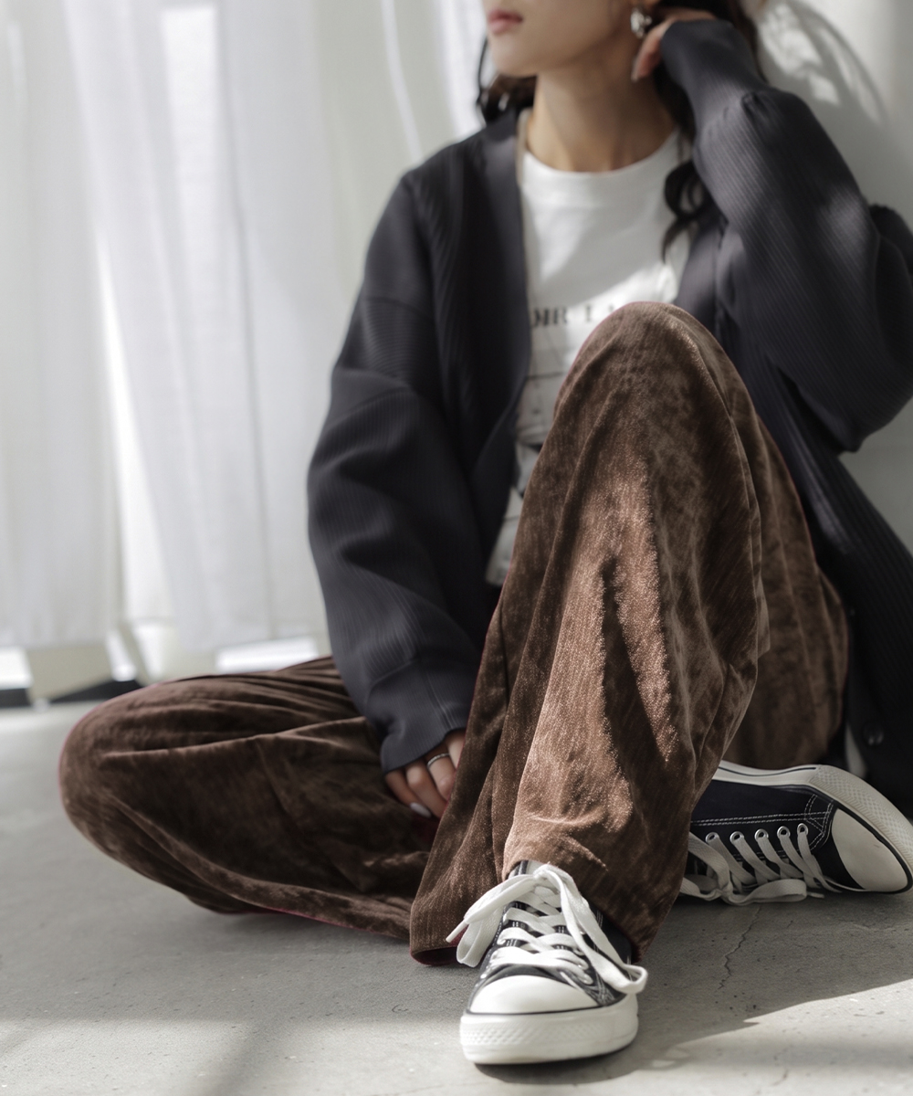 パンツ シェニール ワイド ベロア 風 レディース ワイドパンツ ロング ロングパンツ ボトムス ストレート ウエストゴム ストレッチ イージーパンツ | HUG.U | 02