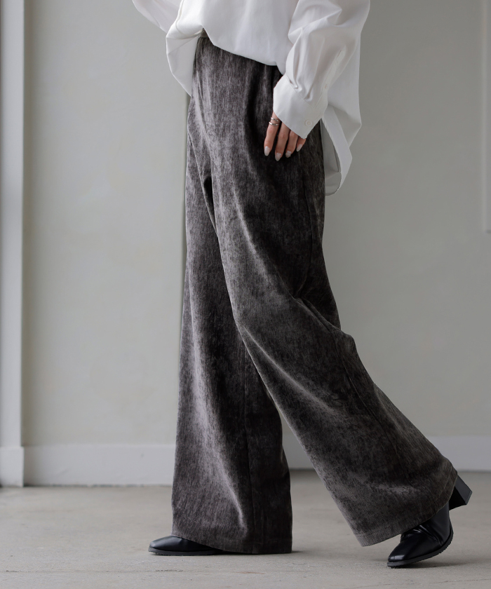 パンツ シェニール ワイド ベロア 風 レディース ワイドパンツ ロング ロングパンツ ボトムス ストレート ウエストゴム ストレッチ イージーパンツ | HUG.U | 03