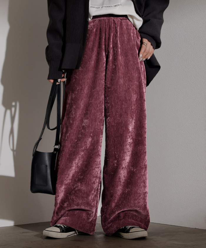 パンツ シェニール ワイド ベロア 風 レディース ワイドパンツ ロング ロングパンツ ボトムス ストレート ウエストゴム ストレッチ イージーパンツ | HUG.U | 01