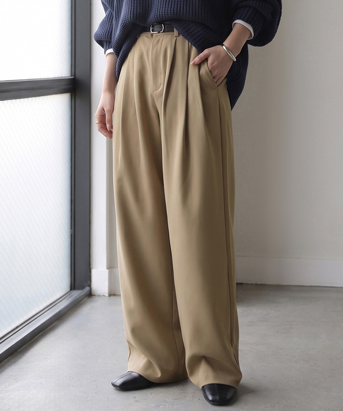 パンツ ワイドパンツ シワになりにくい レディース ボトムス ロング スラックス ロングパンツ タックパンツ ワイドパンツ ハイウエスト ウエストゴム 選べる丈 | HUG.U | 01