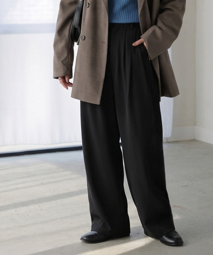パンツ ワイドパンツ シワになりにくい レディース ボトムス ロング スラックス ロングパンツ タックパンツ ワイドパンツ ハイウエスト ウエストゴム 選べる丈 | HUG.U | 03